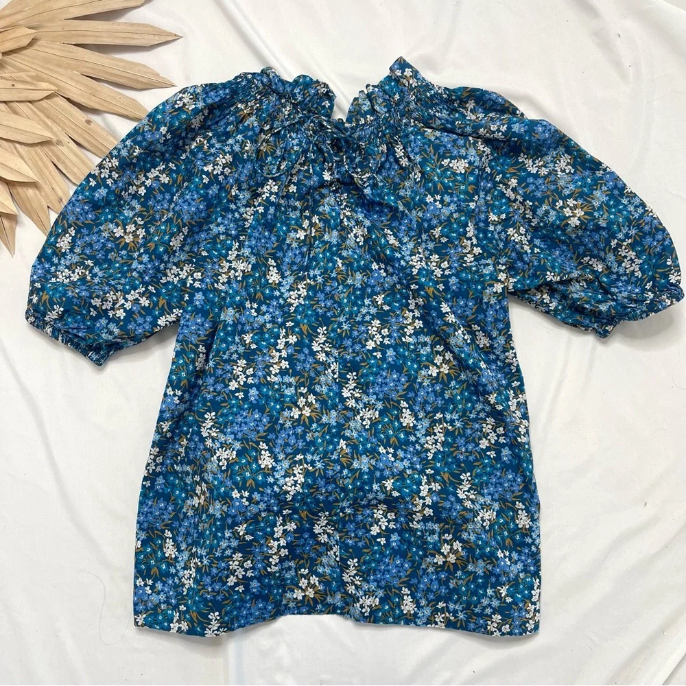 J. Crew Liberty London Floral Smocked Neck Puff Sleeve Sea Blossoms Blouse Top
